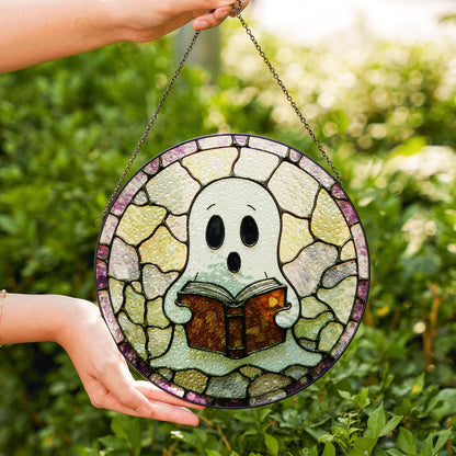 Cute ghost reading a book art stained glass window suncatcher mystical light gift for bookworms halloween friends
