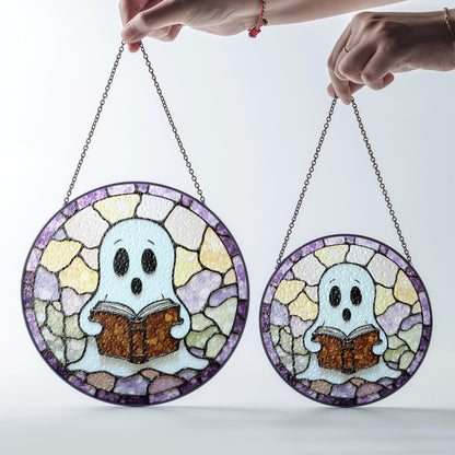 Cute ghost reading a book art stained glass window suncatcher mystical light gift for bookworms halloween friends