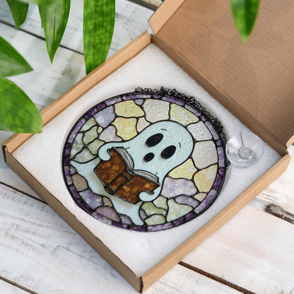 Cute ghost reading a book art stained glass window suncatcher mystical light gift for bookworms halloween friends