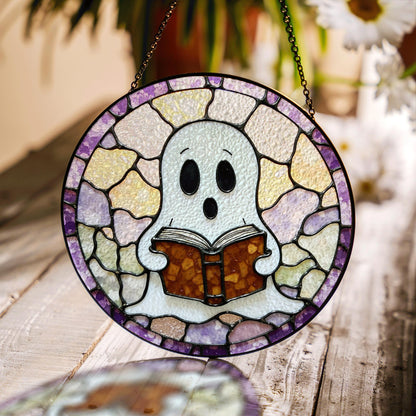 Cute ghost reading a book art stained glass window suncatcher mystical light gift for bookworms halloween friends