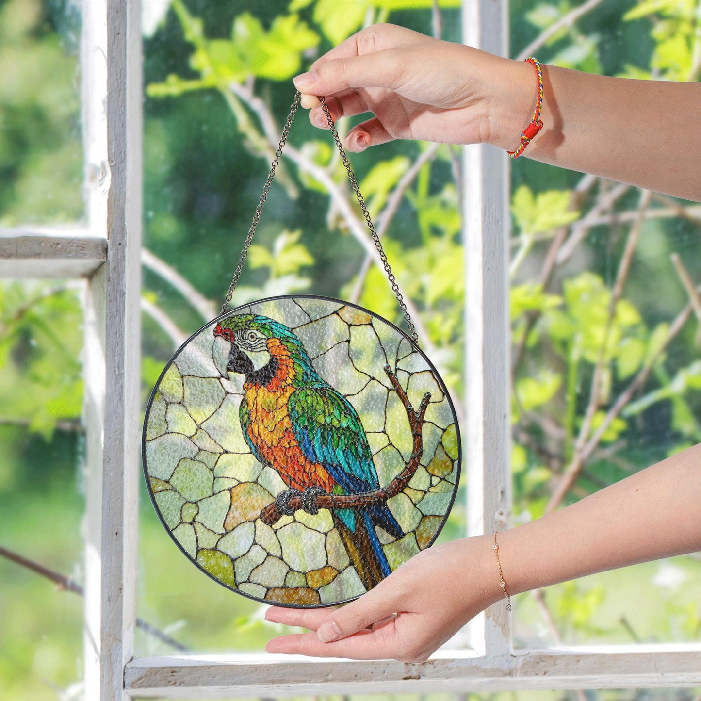 Vibrant macaw on branch stained glass suncatcher window decor Gift for bird lover birthday
