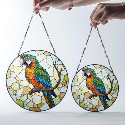 Vibrant macaw on branch stained glass suncatcher window decor Gift for bird lover birthday