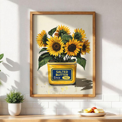 Sunflower Kitchen Wall Art Salted Butter Can Poster Country Floral Print Bright Yellow Farmhouse Dining Room Oil Painting Wall Art Poster