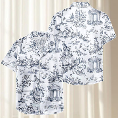 Toile De Jouy Satin Pajamas Short Set, Vintage French Women Sleepwear, Elegant Blue White Pjs, Rococo Loungewear, Birthday Gift For Her