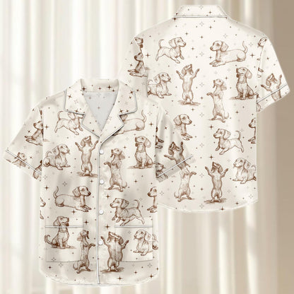Dachshund Dog Satin Pajamas Short Set, Cute Wiener Dog Matching Pjs, Cream Brown Puppy Sleepwear, Silky Loungewear, Gift For Her
