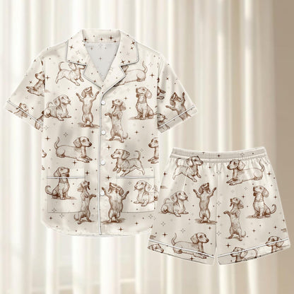 Dachshund Dog Satin Pajamas Short Set, Cute Wiener Dog Matching Pjs, Cream Brown Puppy Sleepwear, Silky Loungewear, Gift For Her