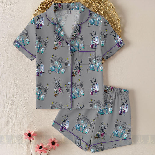 Haunted Mansion Hitchhiking Ghost Unisex Satin Pajamas Set, Nightmare Before Christmas Shirt, Long Sleeve And Short Styles