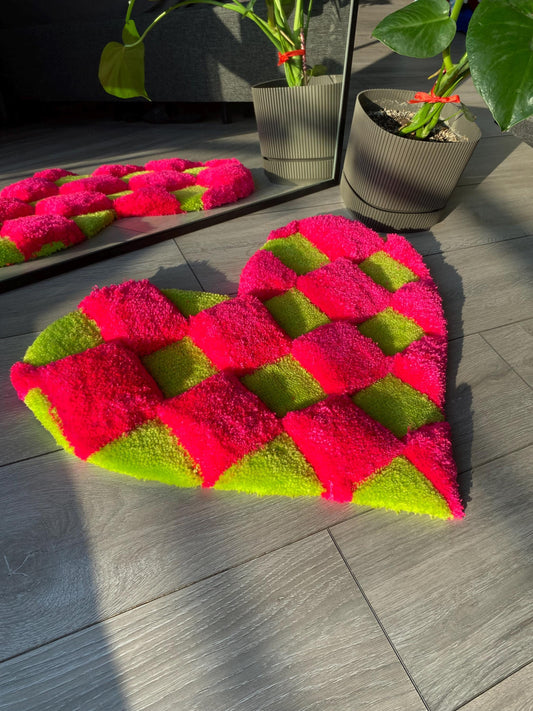 3D Heart Shaped Tufted Rug Pink & Green Checkerboard Design, Colorful Boho Floor Mat, Love Heart Rug, Unique Area Rug, Playful Home Decor