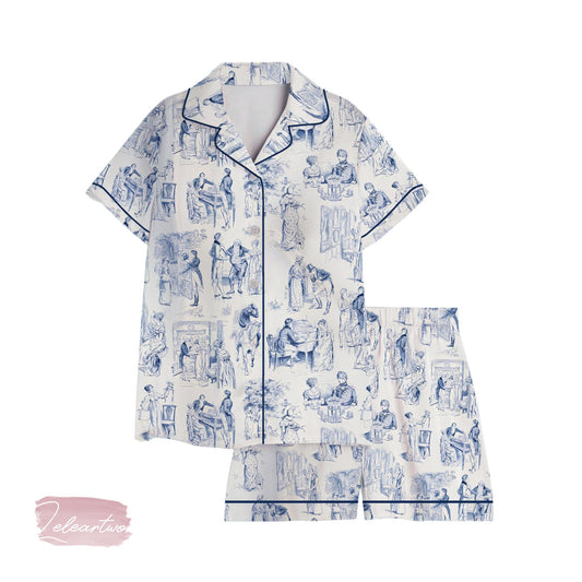 Pride and Prejudice Fanart | Silky Satin Pajama Set for Women | Jane Austen Toile Print Sleepwear | Literary Loungewear Gift
