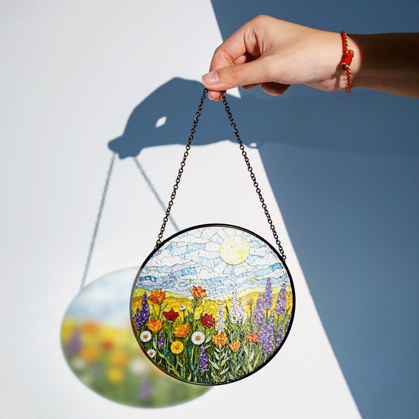 Sunlit Meadow Wildflower Landscape Round Stained Glass Suncatcher Window Hanging Gift for Mom Birthday