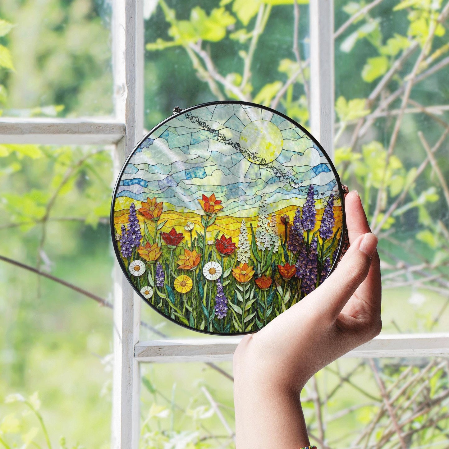 Sunlit Meadow Wildflower Landscape Round Stained Glass Suncatcher Window Hanging Gift for Mom Birthday