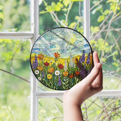 Sunlit Meadow Wildflower Landscape Round Stained Glass Suncatcher Window Hanging Gift for Mom Birthday