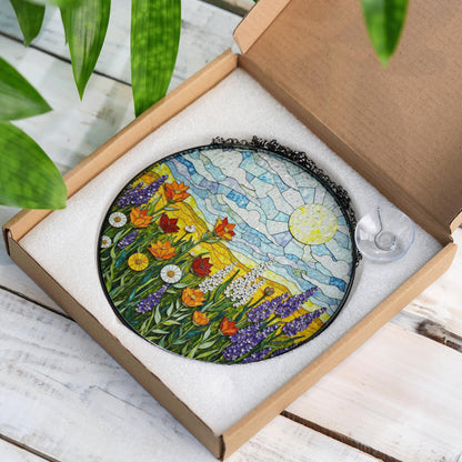 Sunlit Meadow Wildflower Landscape Round Stained Glass Suncatcher Window Hanging Gift for Mom Birthday