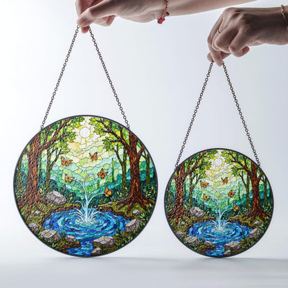 Forest pond butterflies scene stained glass round window suncatcher radiance nature art gift for mom housewarming friends