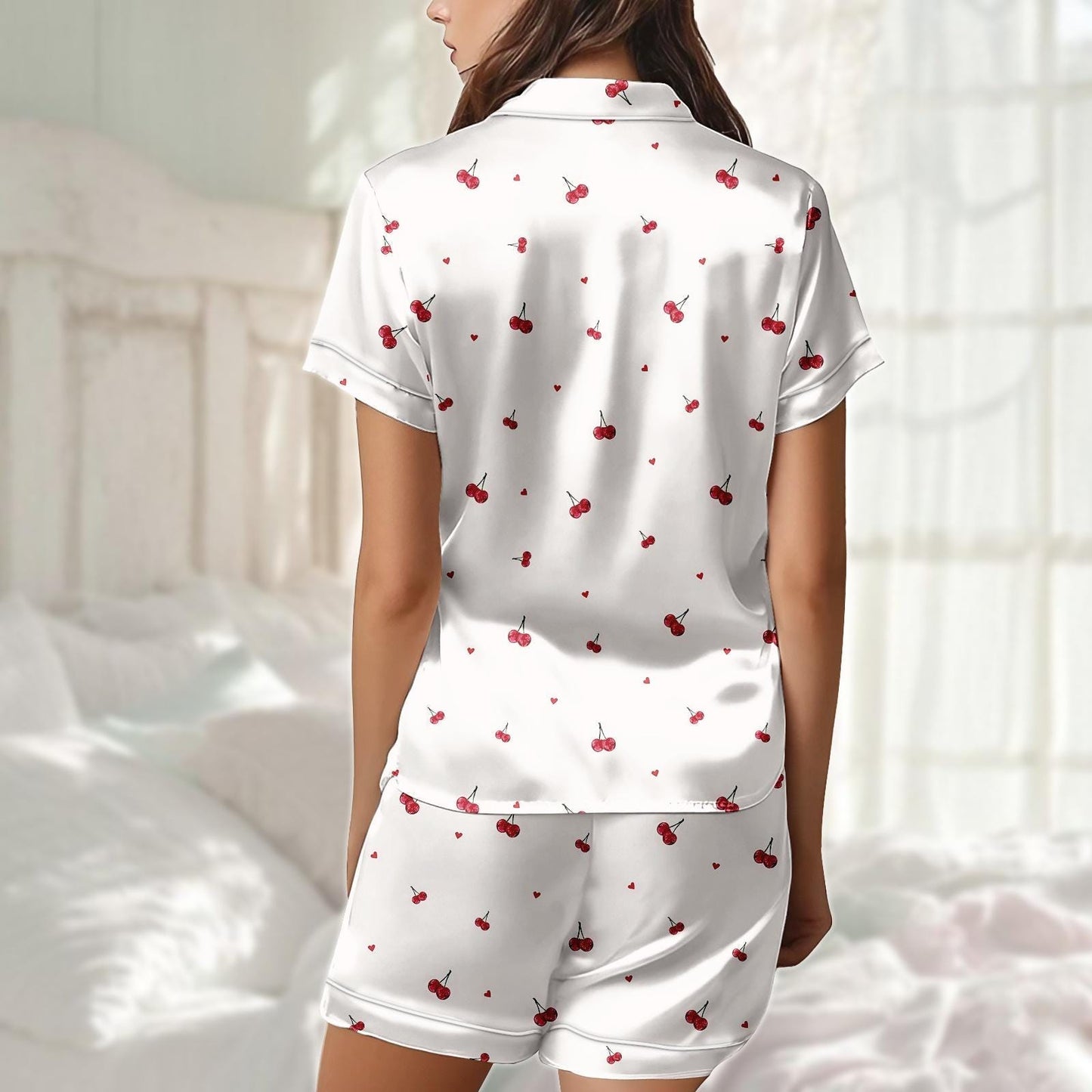 Cherry Satin Pajama Short Set, Cute Heart Pjs For Women, Summer Satin Sleepwear, Romantic Loungewear, Matching Pj Set, Gift For Her