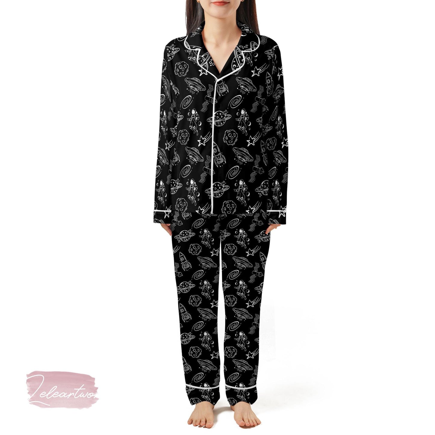 Astronaut Space City Pajama Set – Black Galaxy Short Sleeve Sleepwear, Fun Space Lover Loungewear Gift for Dreamers