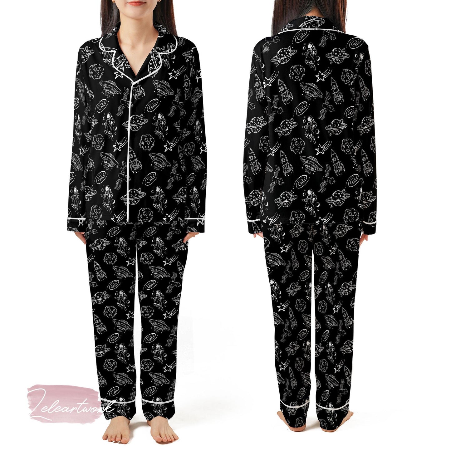 Astronaut Space City Pajama Set – Black Galaxy Short Sleeve Sleepwear, Fun Space Lover Loungewear Gift for Dreamers