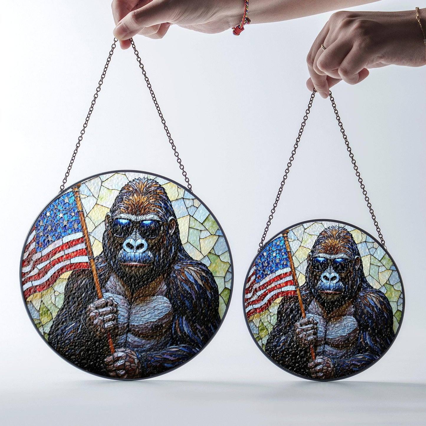 Gorilla Holding US Flag Stained Glass Round Window Suncatcher Patriotic Home Decor Gift for Him Independence Day Dad