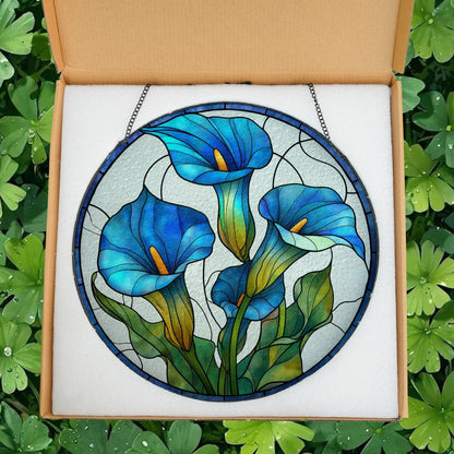 Blue Calla Lily Flower Suncatcher, Calla Lilies Stained Glass Suncatcher, Birthday Gift for Mom Mother Grandmother, Calla Lily Lover Decor