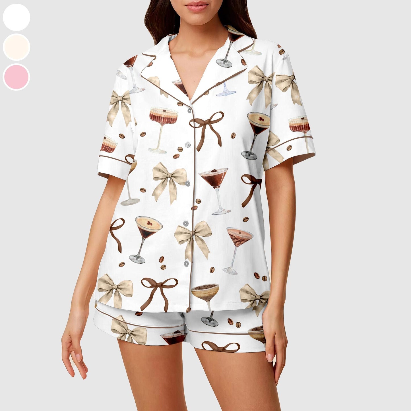 Espresso Martini Short Satin Pajama, Espresso Short Sleeve Sleepwear, Champagne Cocktail Satin Sleepwear, Silk Pajamas, Bridal Party Pajamas