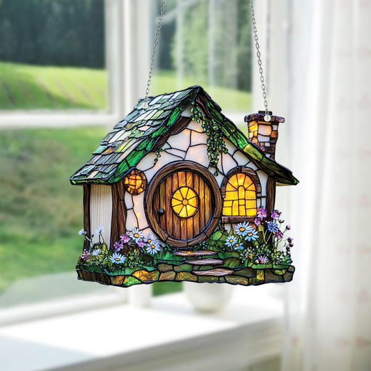 Fairy Cottage Window Hanging, Whimsical Hobbit House Ornament with Flowers and Light, Cozy Nature Decor for Garden Lovers, Cottagecore Gift