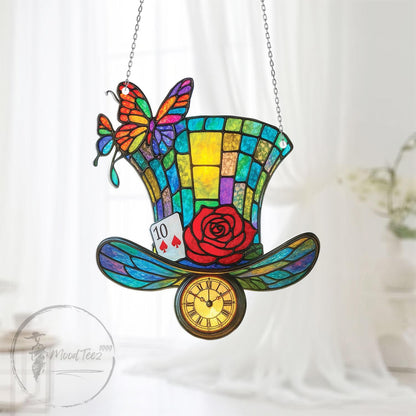 Tea Party Hat Window Hanging Acrylic, Alice in Wonderland Fantasy Decor Gift for Dreamers, Mad Hat Clock Ornament with Rose and Butterfly