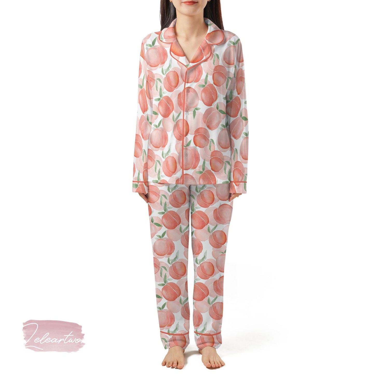 Pink Peach Set | Silky Satin Pajama Set for Women | Watercolor Fruit Print Sleepwear | Summer Lounge Set | Peach Aesthetic Gift