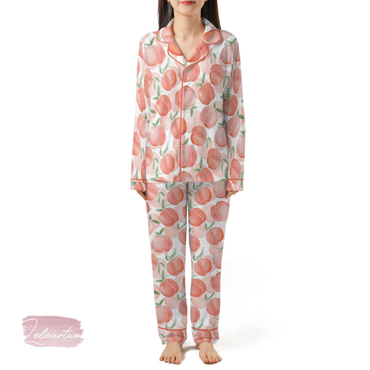 Pink Peach Set | Silky Satin Pajama Set for Women | Watercolor Fruit Print Sleepwear | Summer Lounge Set | Peach Aesthetic Gift