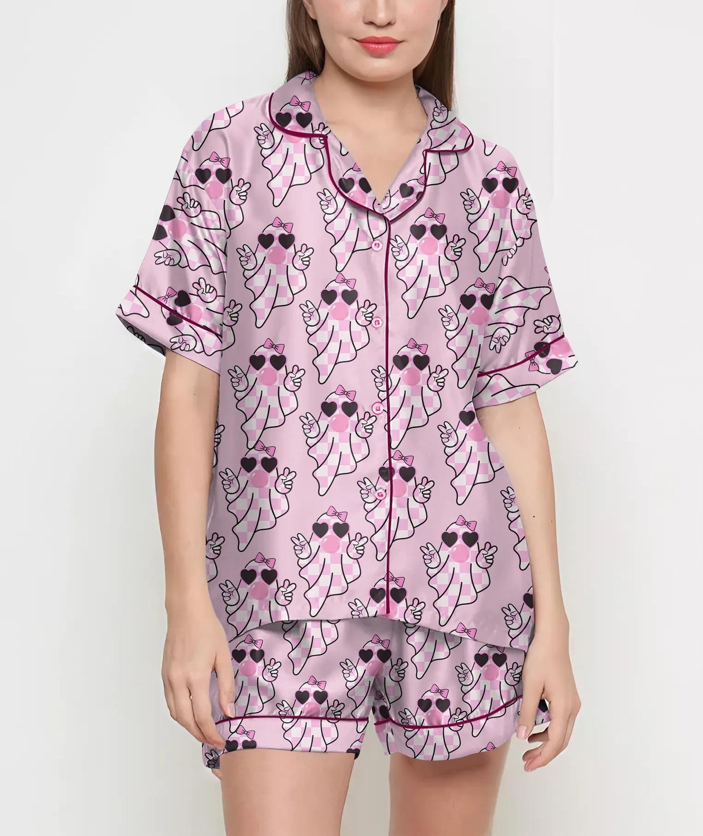 Vintage Halloween Shirt, Pajamas Satin Set, Cute Ghost Pink, Gift For Halloween, Halloween Coquette, Spooky Season, Fall Aesthetic