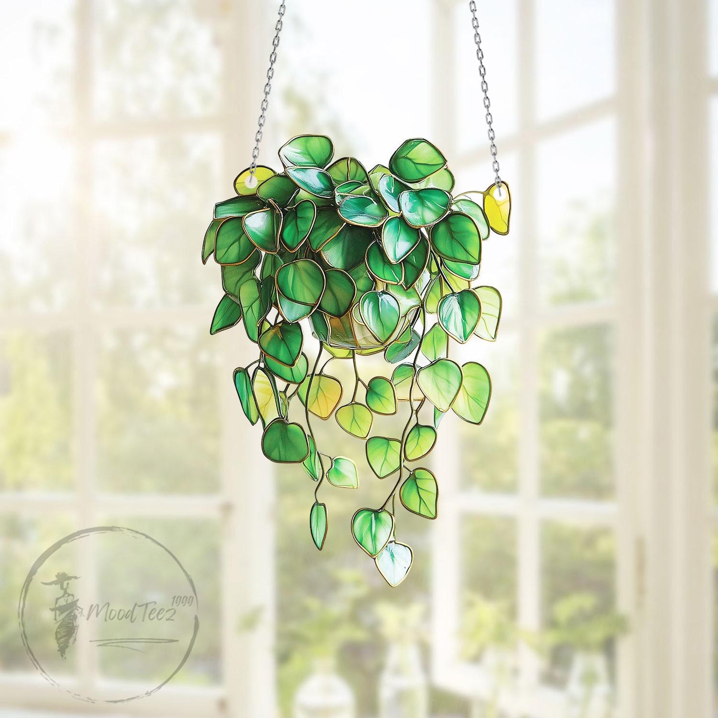 Trailing Vines Faux Stained Glass Window Hanging, Greenery Plant Decor, Philodendron Wall Art Gift for Plant Lovers or Indoor Garden
