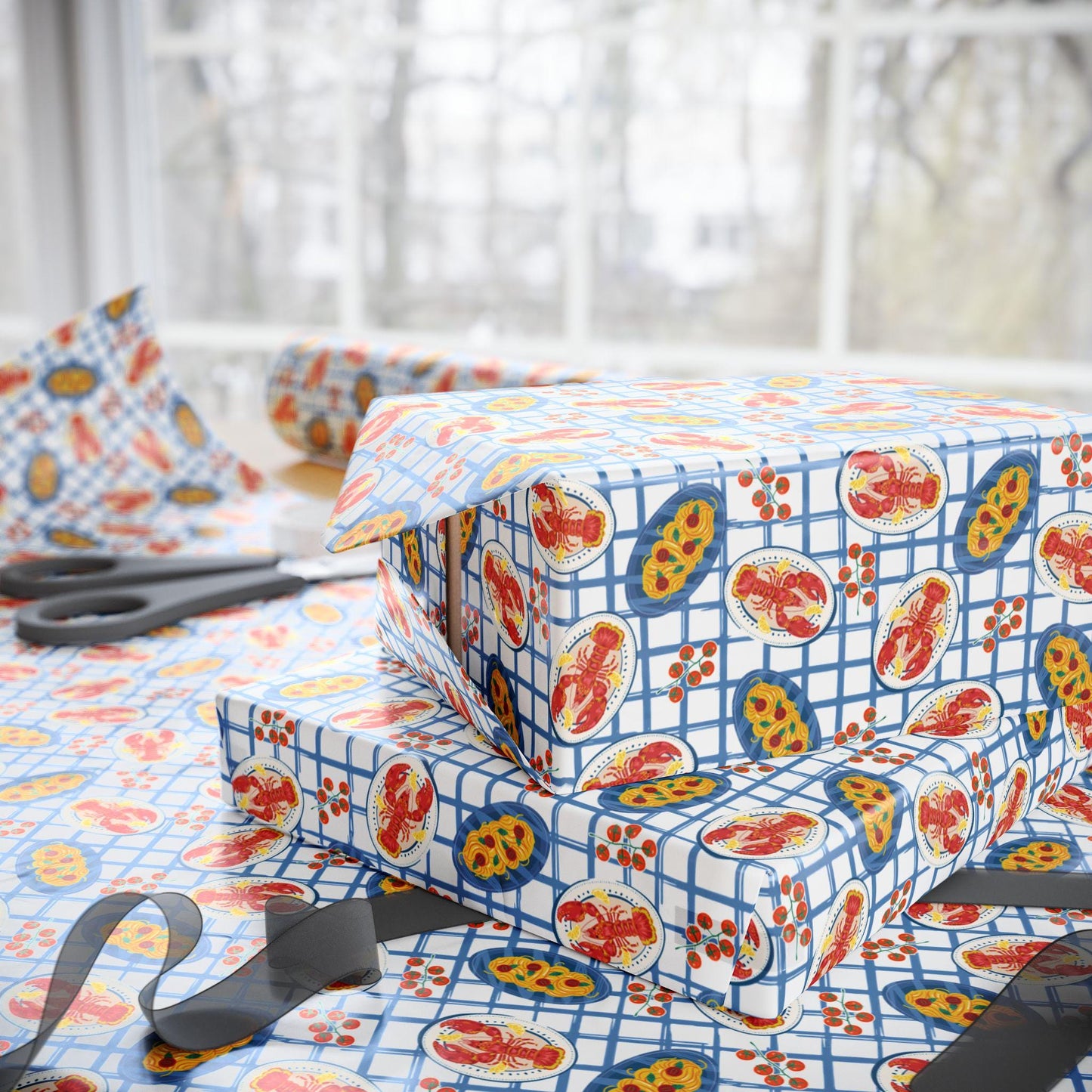 Tomato Girl Summer Wrapping Paper Mediterranean Tinned Fish, Lobsters & Foodie Gift Wrap Chef Vintage Seafood Birthday Nautical Coastal art