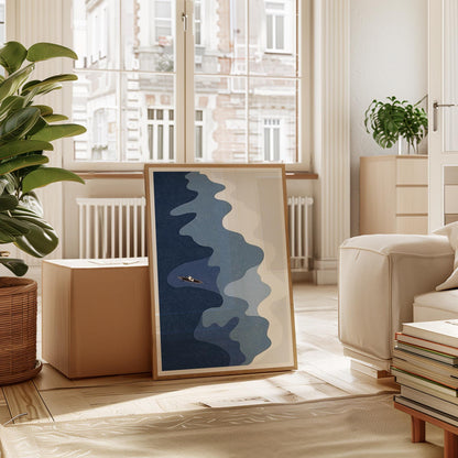 Aerial Ocean Print: Surfers, Canoe, Coastal Wall Art