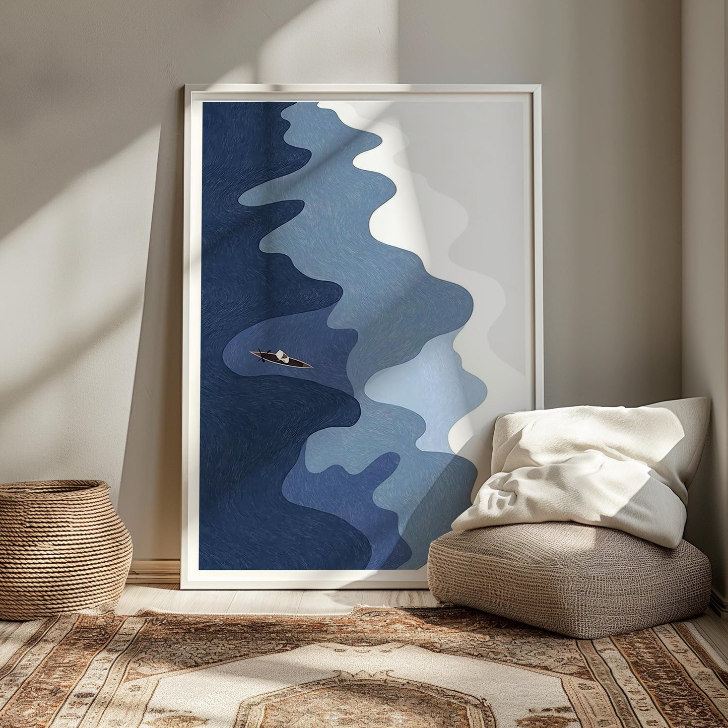 Aerial Ocean Print: Surfers, Canoe, Coastal Wall Art