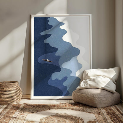 Aerial Ocean Print: Surfers, Canoe, Coastal Wall Art