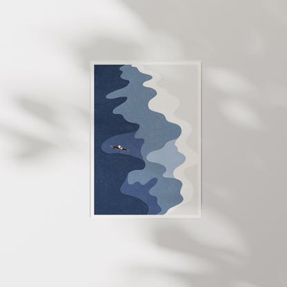 Aerial Ocean Print: Surfers, Canoe, Coastal Wall Art