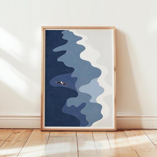 Aerial Ocean Print: Surfers, Canoe, Coastal Wall Art
