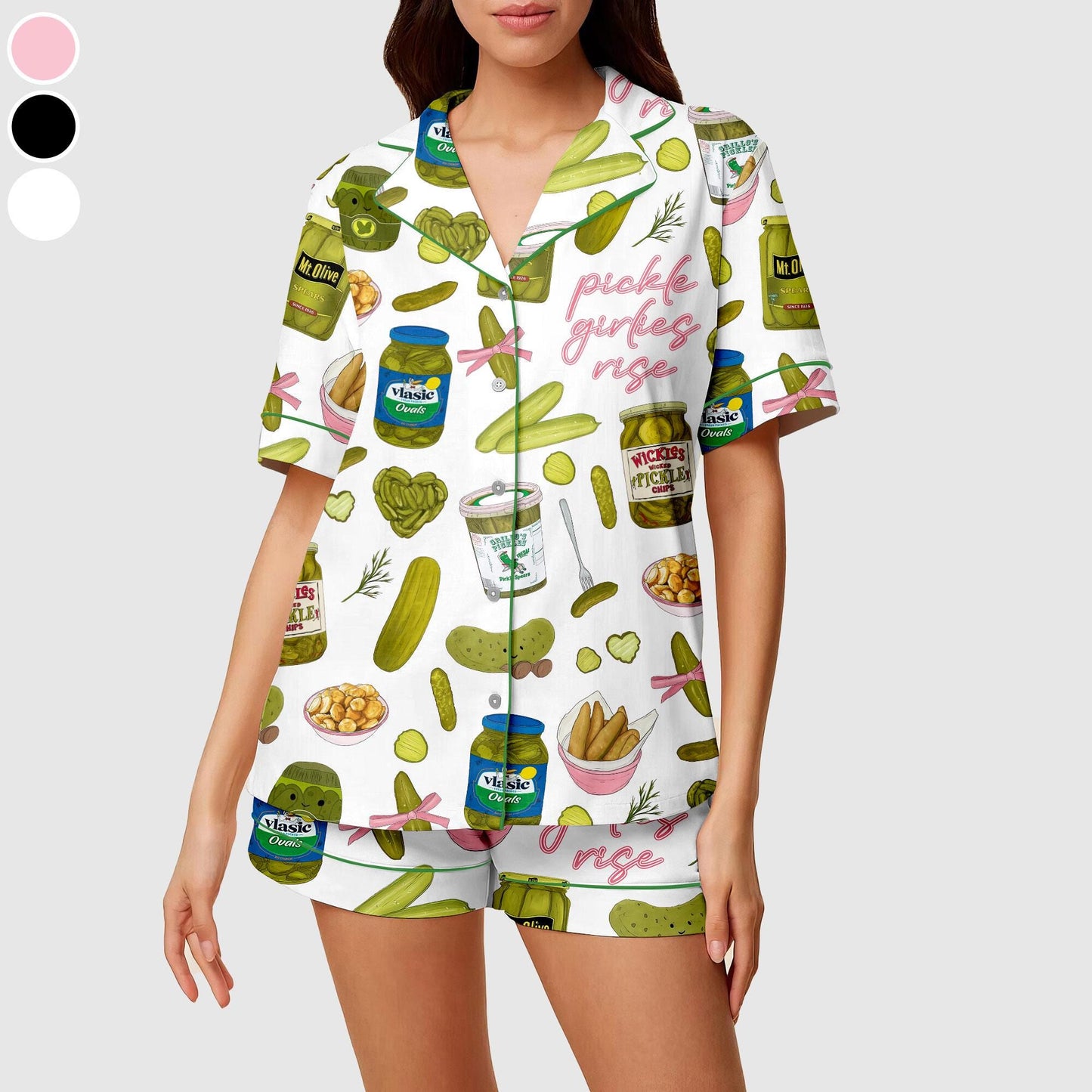Women's Pickle Print Satin Pajamas Set Printed Comfortable Satin Pajamas and  Loungewear Pjs Short Sleeve Top & Shorts Withought Pockets