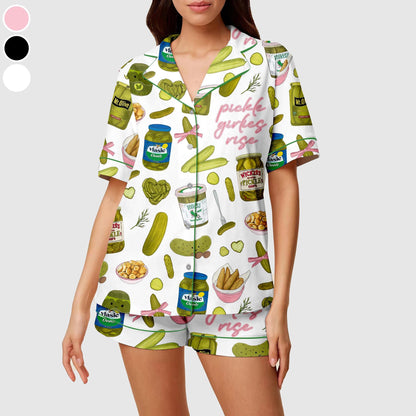 Women's Pickle Print Satin Pajamas Set Printed Comfortable Satin Pajamas and  Loungewear Pjs Short Sleeve Top & Shorts Withought Pockets