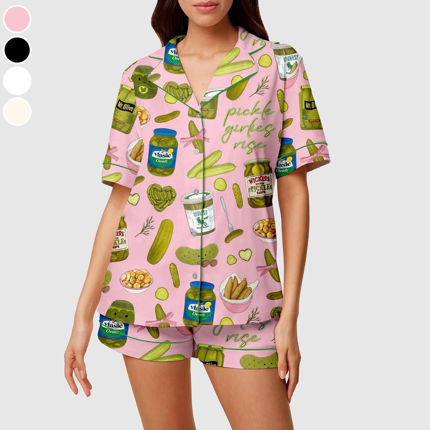 Women's Pickle Print Satin Pajamas Set Printed Comfortable Satin Pajamas and  Loungewear Pjs Short Sleeve Top & Shorts Withought Pockets