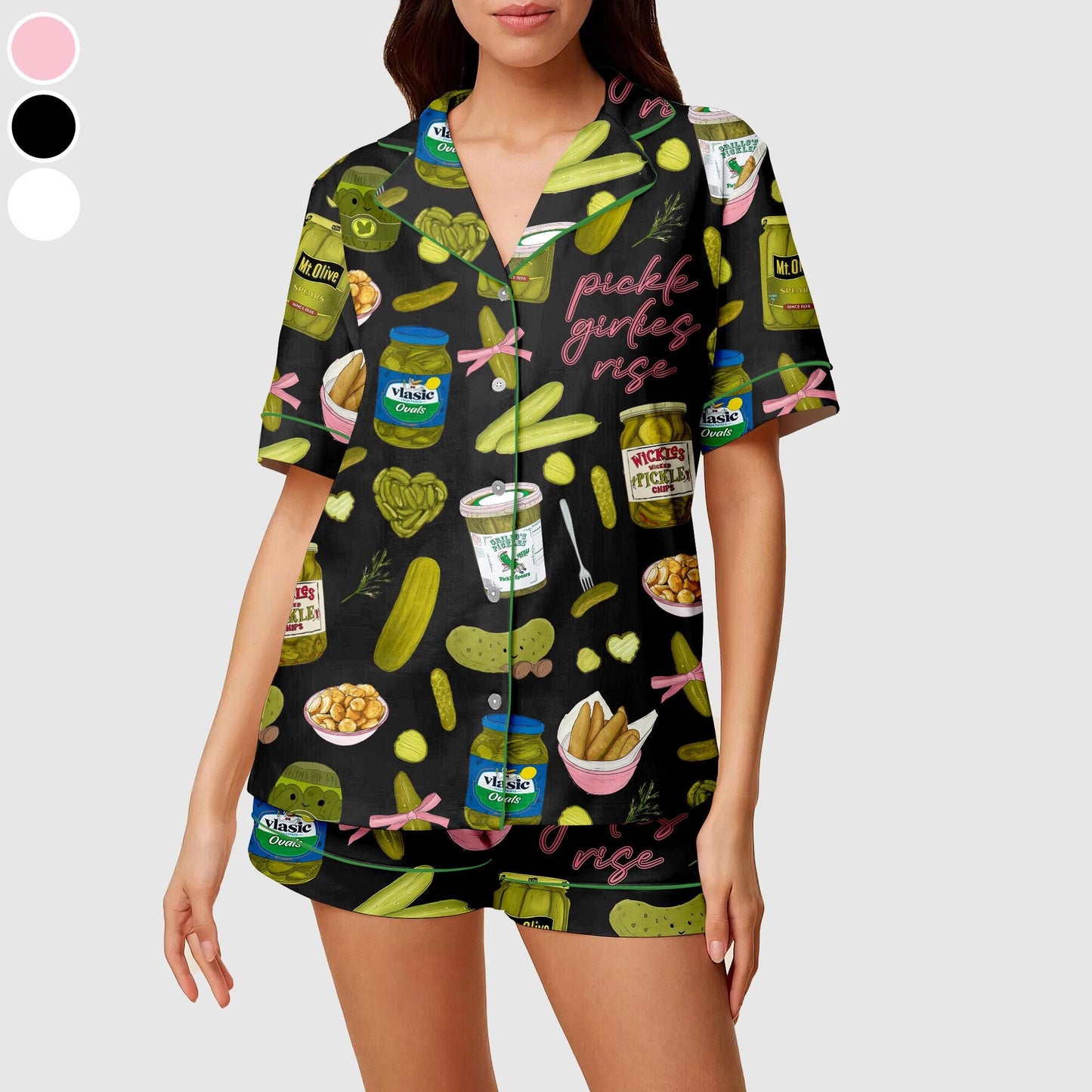 Women's Pickle Print Satin Pajamas Set Printed Comfortable Satin Pajamas and  Loungewear Pjs Short Sleeve Top & Shorts Withought Pockets