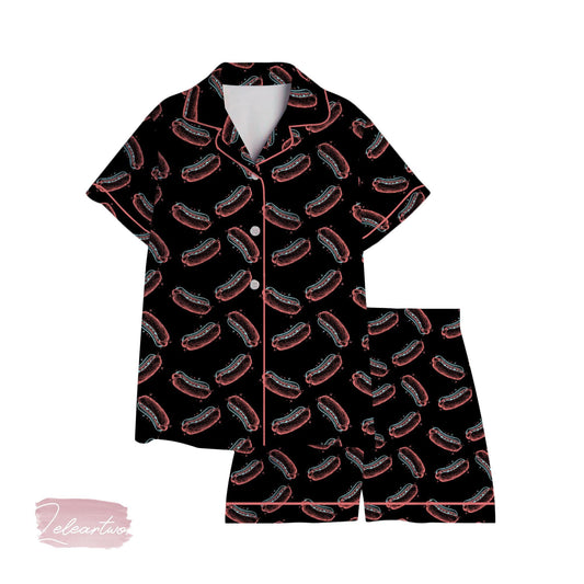 4th of July Hot Dog Pajama Set – Funny Retro Short Sleeve Sleepwear, BBQ Lover Loungewear Gift, You Look Like the 4th of July