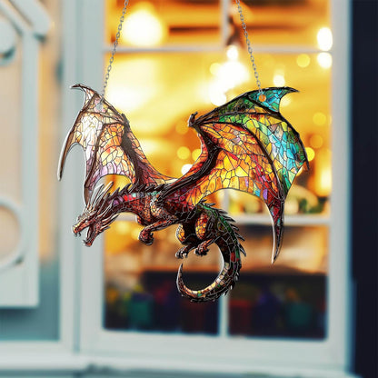 Flying Dragon Stained Glass Suncatcher – Handmade Fantasy Window Hanging with Rainbow Wings, Gothic Home Decor, Mythical Creature Gift