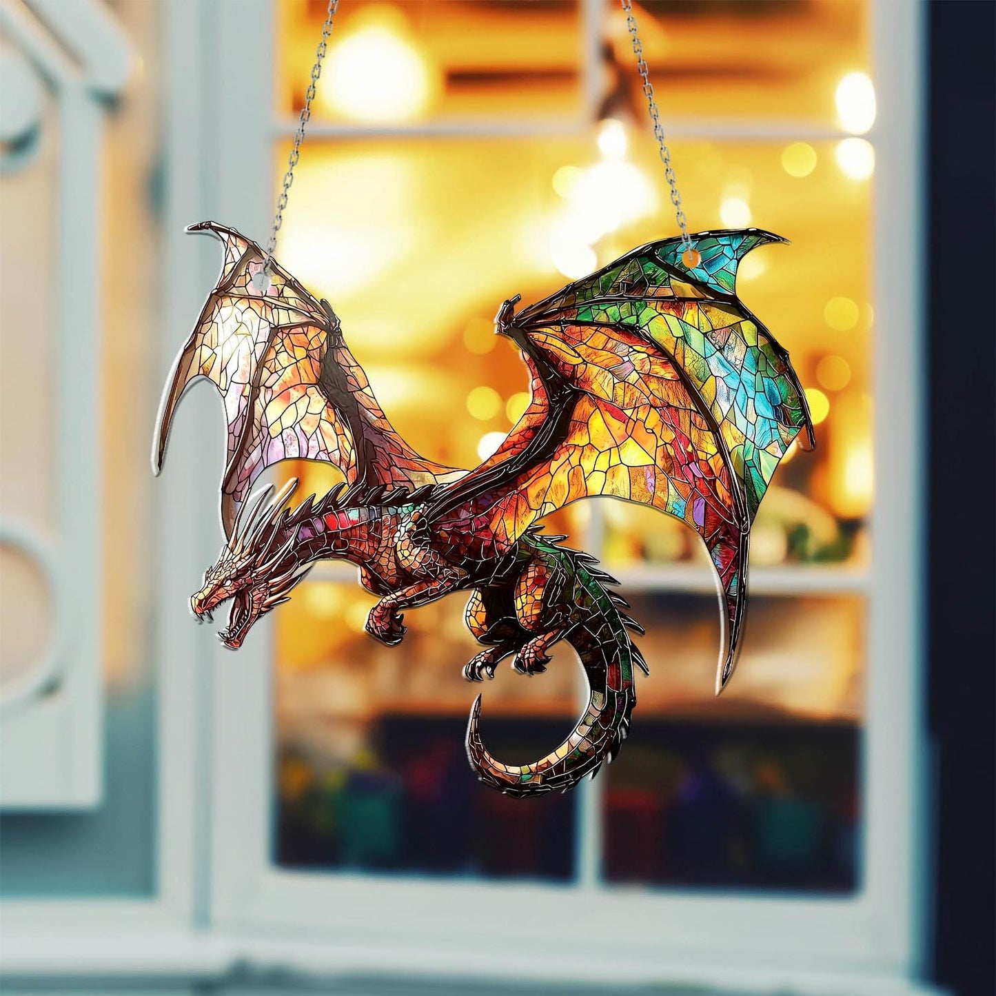 Flying Dragon Stained Glass Suncatcher – Handmade Fantasy Window Hanging with Rainbow Wings, Gothic Home Decor, Mythical Creature Gift