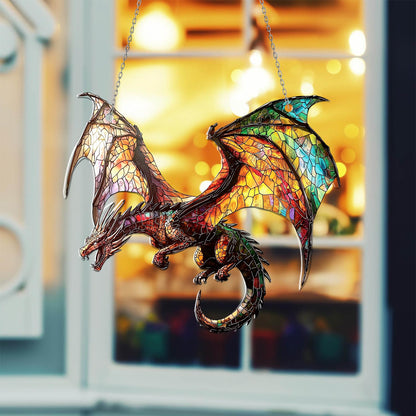 Flying Dragon Stained Glass Suncatcher – Handmade Fantasy Window Hanging with Rainbow Wings, Gothic Home Decor, Mythical Creature Gift