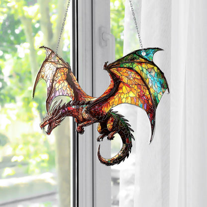 Flying Dragon Stained Glass Suncatcher – Handmade Fantasy Window Hanging with Rainbow Wings, Gothic Home Decor, Mythical Creature Gift