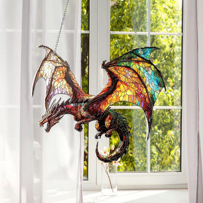Flying Dragon Stained Glass Suncatcher – Handmade Fantasy Window Hanging with Rainbow Wings, Gothic Home Decor, Mythical Creature Gift