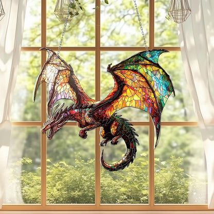 Flying Dragon Stained Glass Suncatcher – Handmade Fantasy Window Hanging with Rainbow Wings, Gothic Home Decor, Mythical Creature Gift