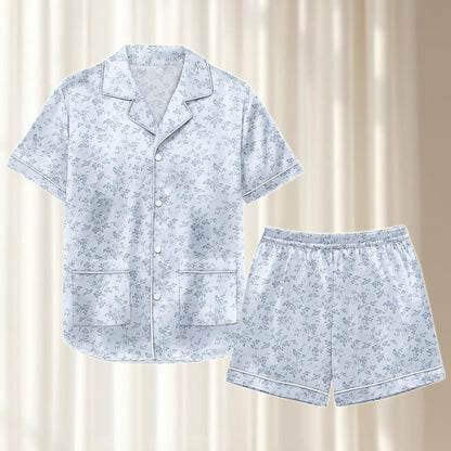 Blue Floral Satin Pajamas Short Set, Small Flower Nightwear, Soft Summer Loungewear, Matching Pajamas Set, Birthday Gift For Her