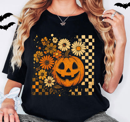 Floral Pumpkin Halloween Shirt, Checkered Halloween T-Shirt, Vintage Pumpkin Sweatshirt, Fall Flower Halloween Tee, Pumpkin Season Shirt