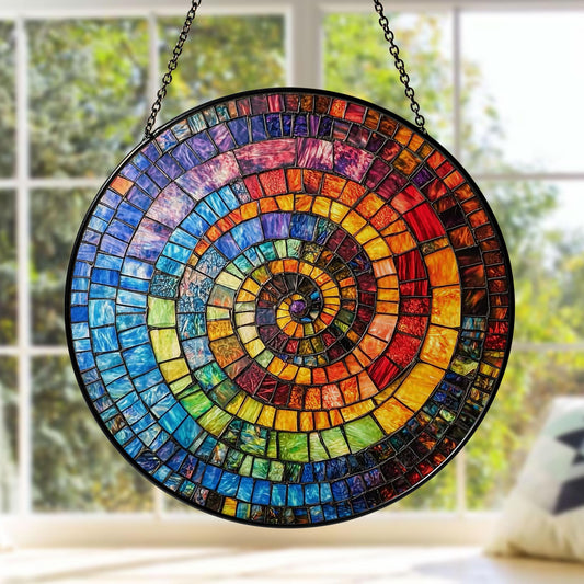 Rainbow Spiral Mosaic Stained Glass Suncatcher – Colorful Round Window Decor, Abstract Boho Art Gift for Her, Vibrant Sunlight Hanging